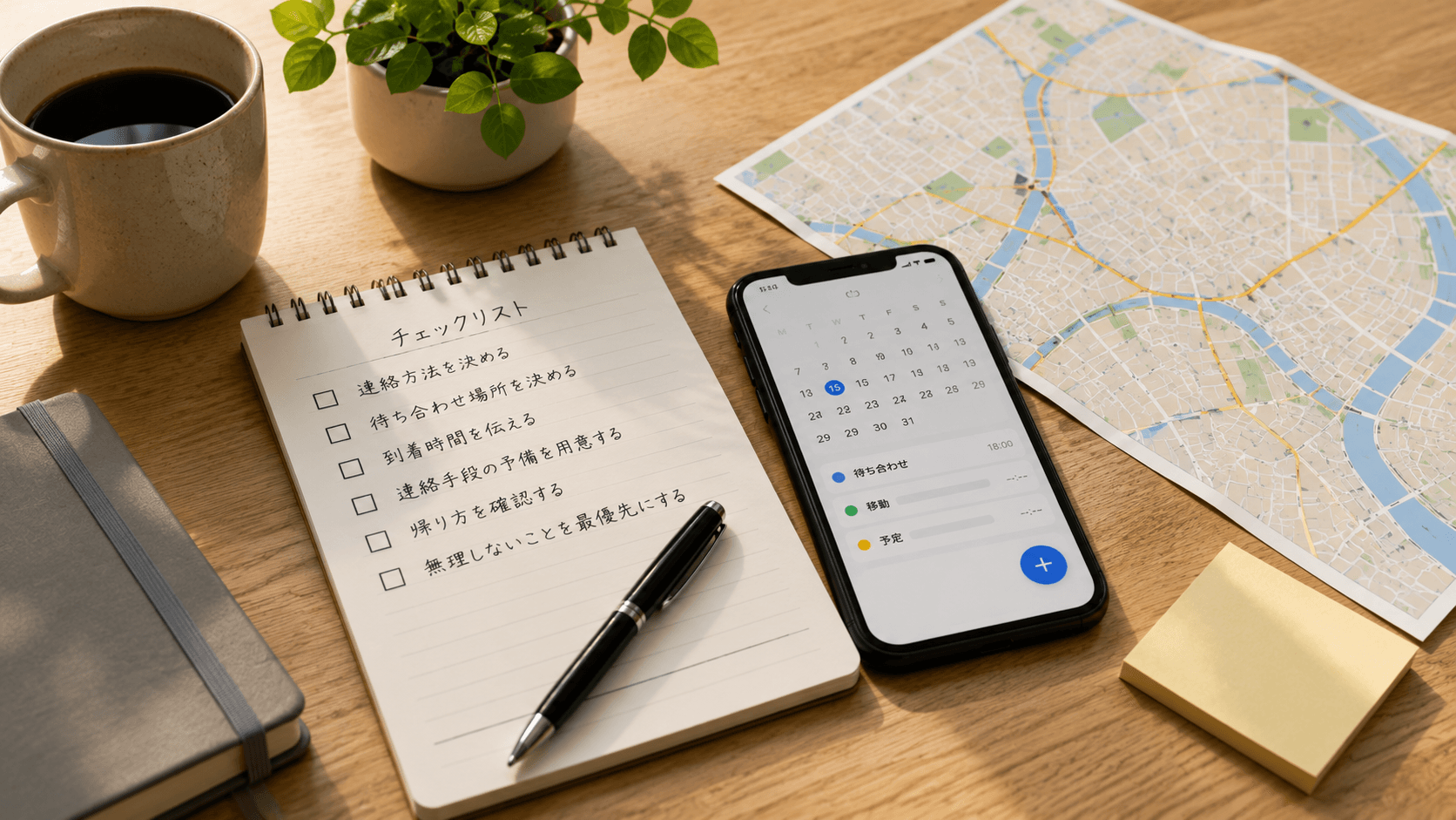初めて会う前の連絡と待ち合わせを整理するメモとスマートフォン