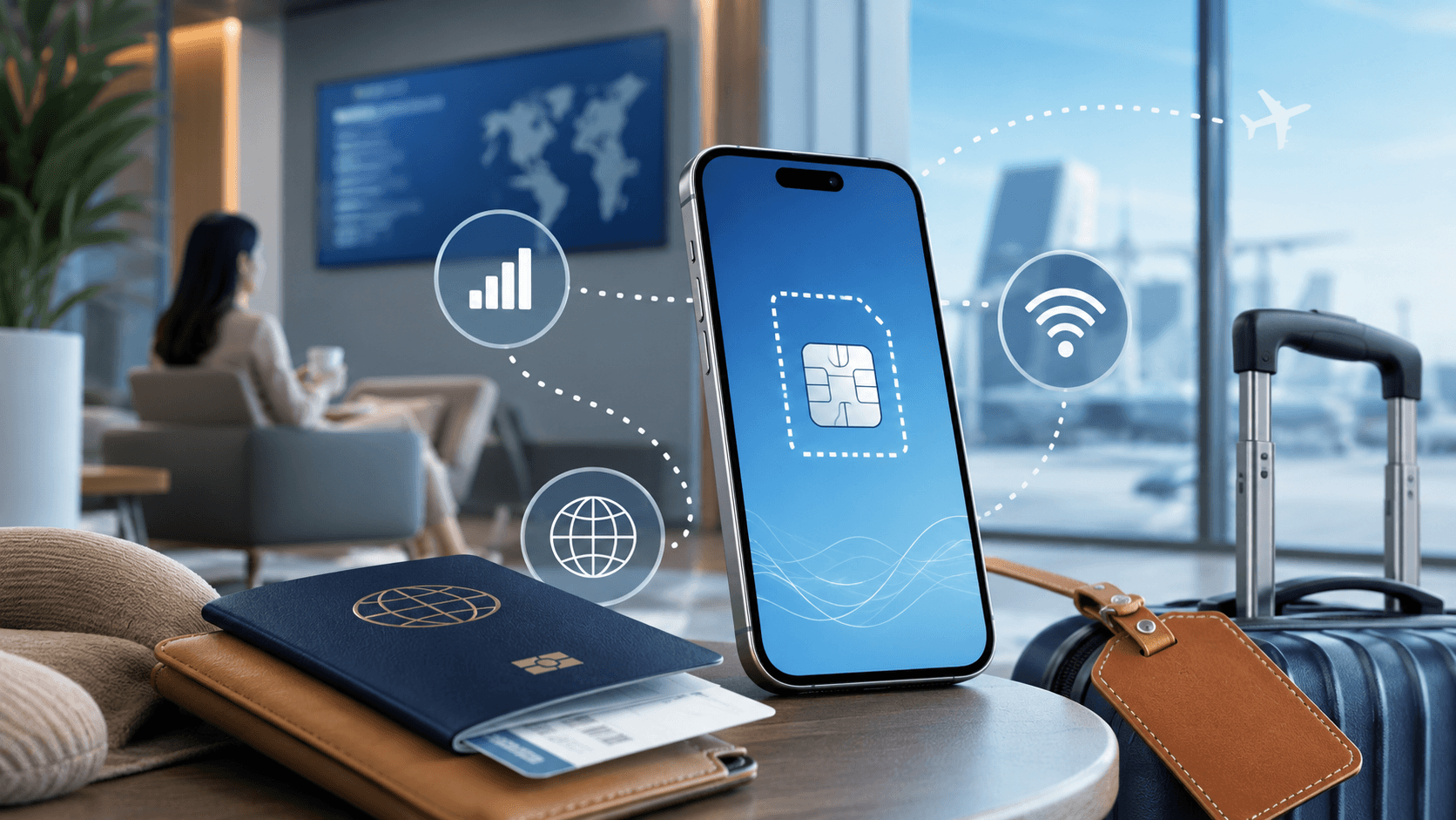 旅行中の通信準備を示すスマートフォンとSIMカードと地図